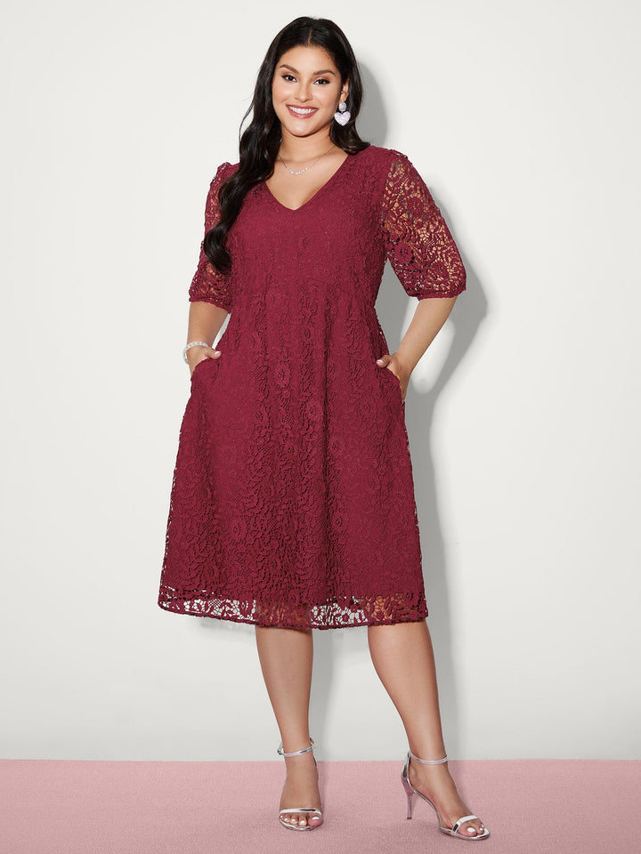 Romantic Lace Trim Puff Sleeve Midi Dress