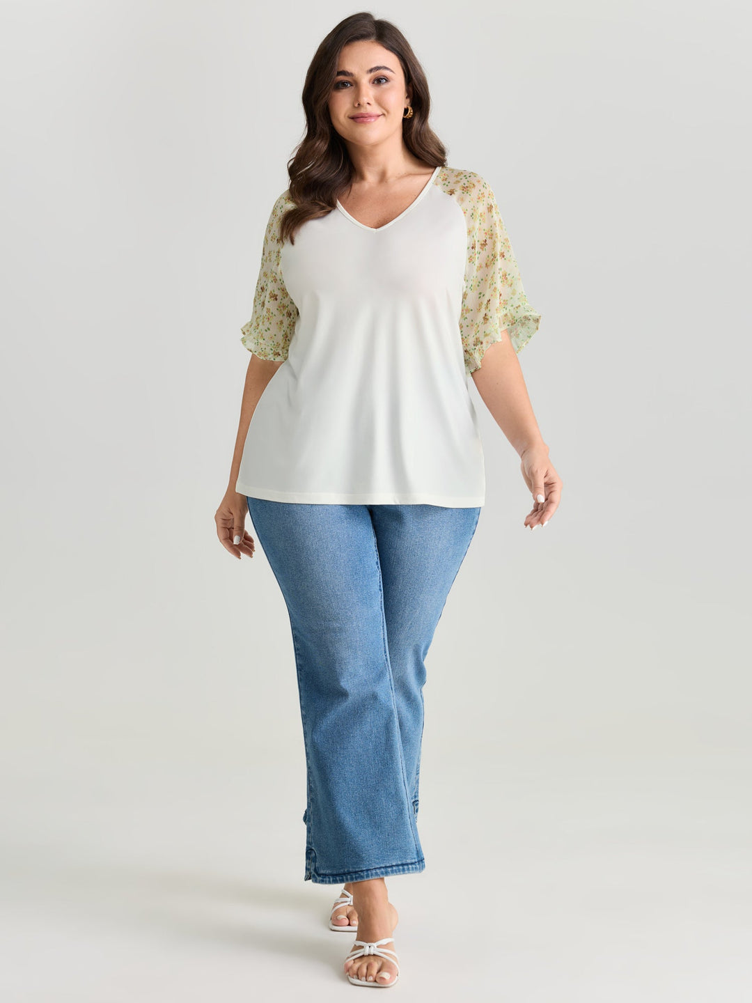 Sheer Floral Print Ruffled Cuff Sleeve Top