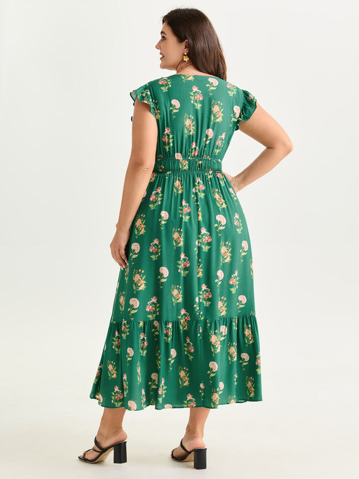 Floral Print Shirred Waist V-Neck Midi Dress