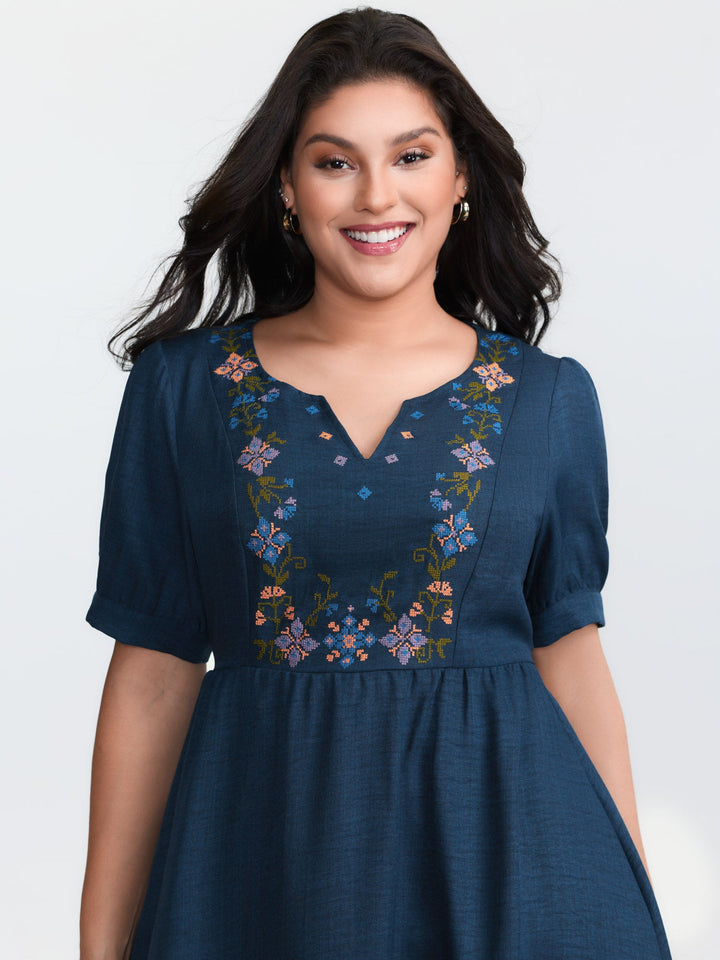 Floral Embroidered Neckline Textured Mini Dress