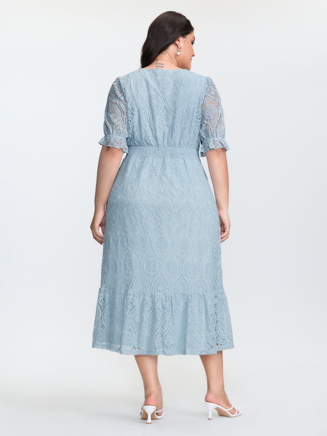 Lace Trim Shirred Button Detail Midi Dress