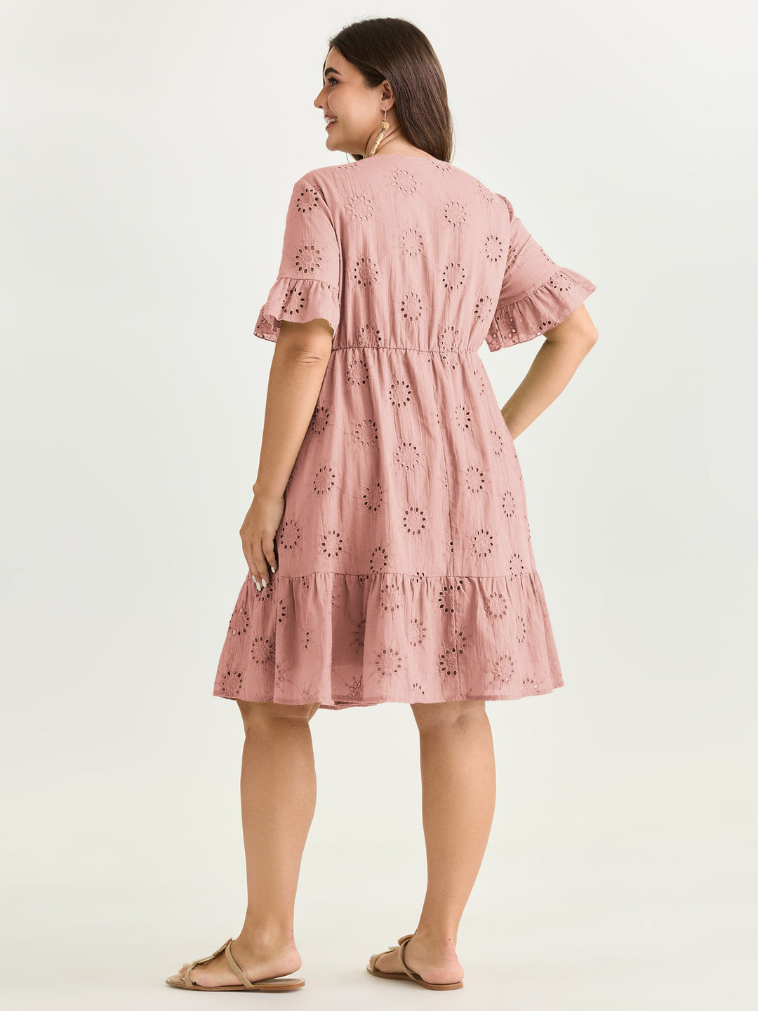 Eyelet Embroidered Ruffled Sleeve Mini Dress
