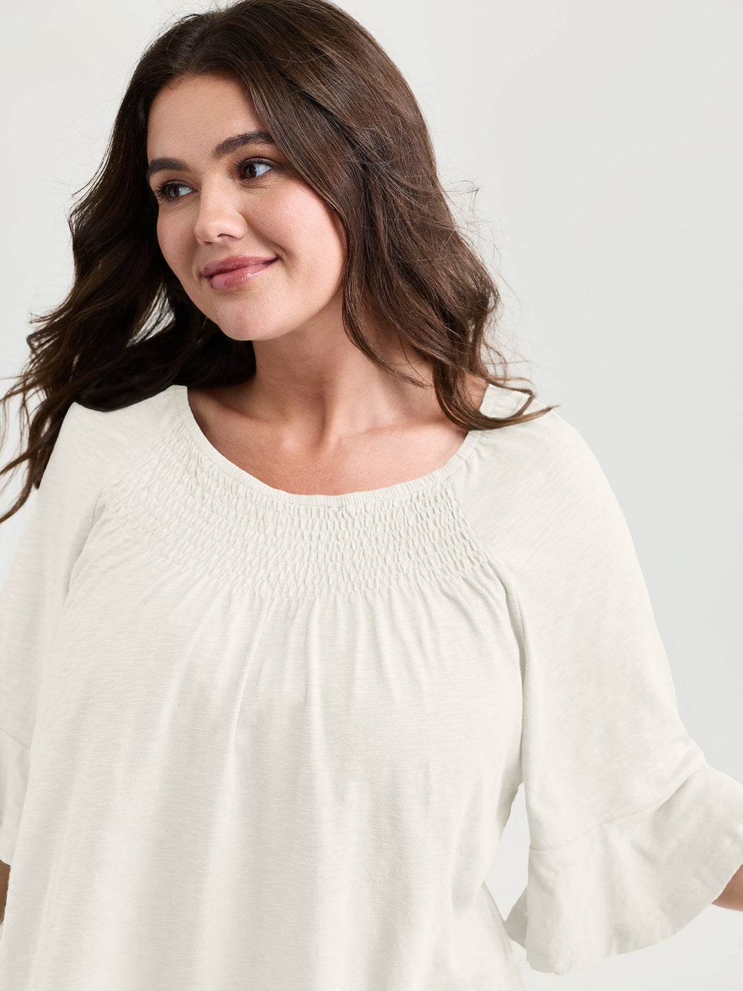 Ruffled Sleeve Shirred Neckline Plain Top