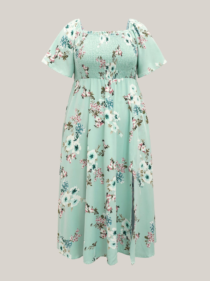 Floral Square Neck Ruffles Pocket Shirred Split Dress