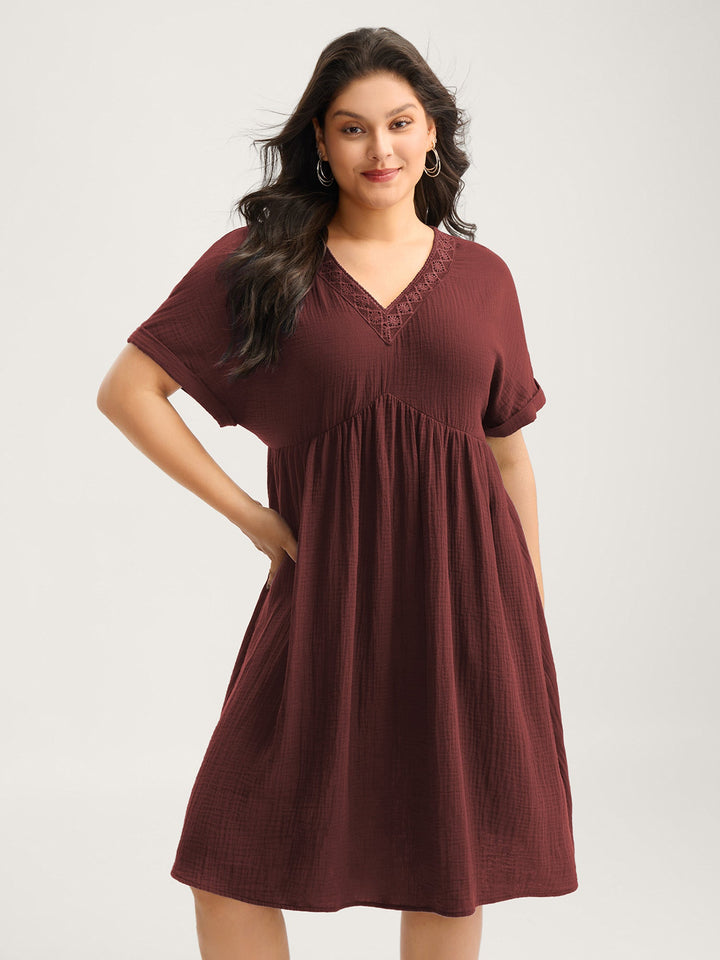 Pure Cotton Lace V-Neck Solid Mini Dress