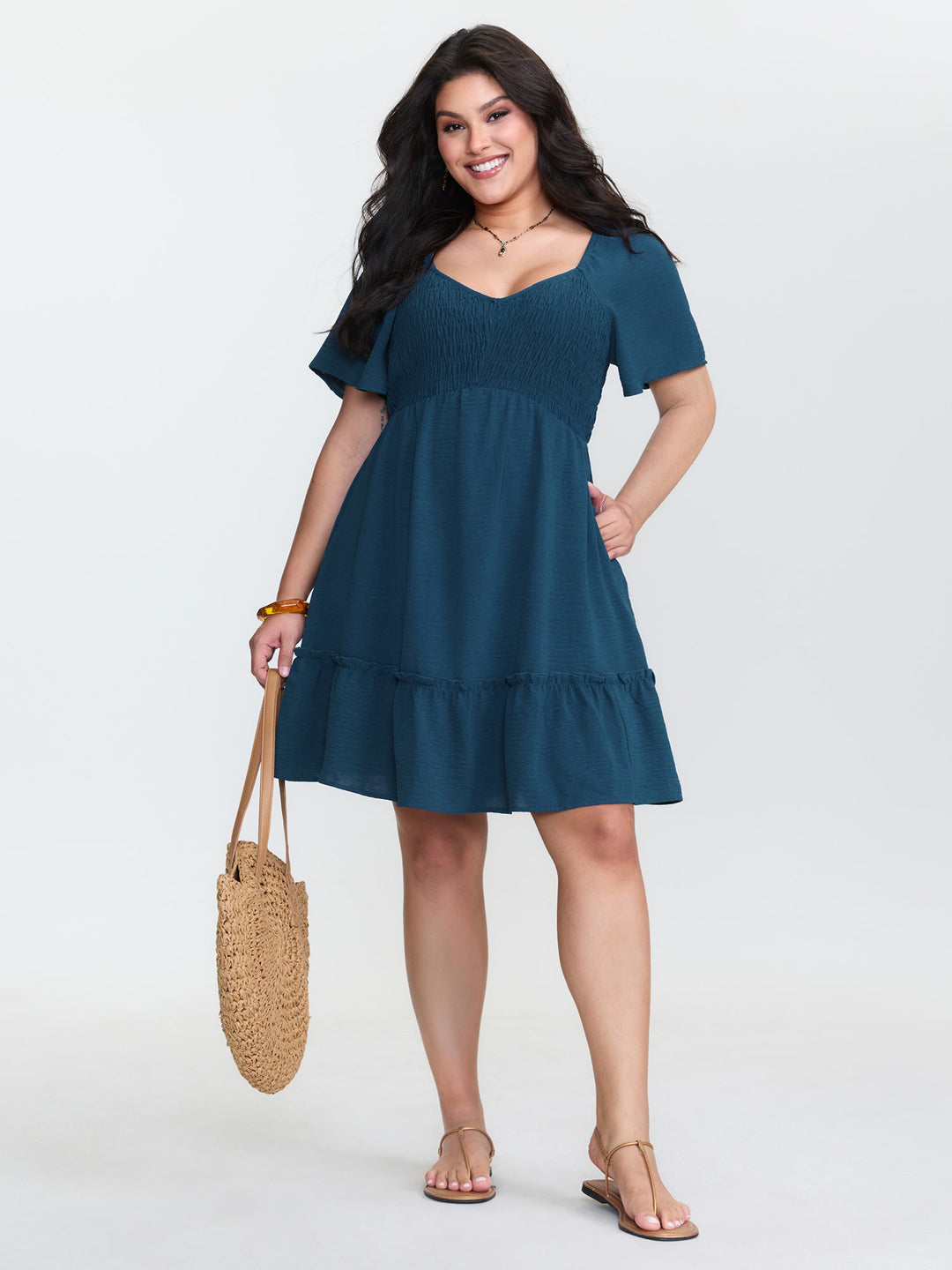 Shirred Bodice Ruffle Hem Flowy Mini Dress