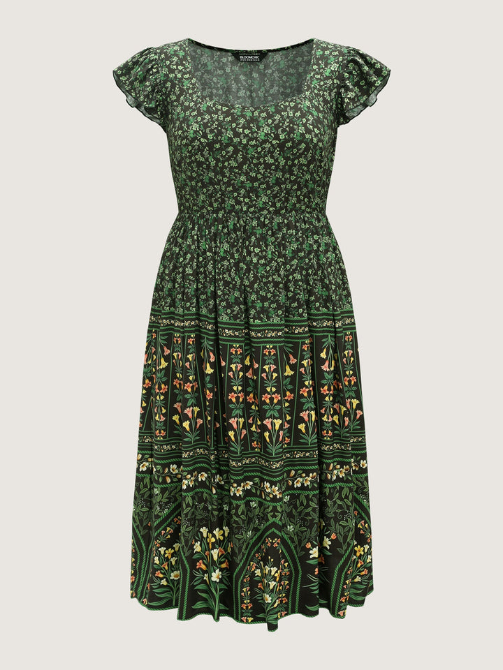 Rayon Garden Fresh Ruffled Sleeve Midi Dress