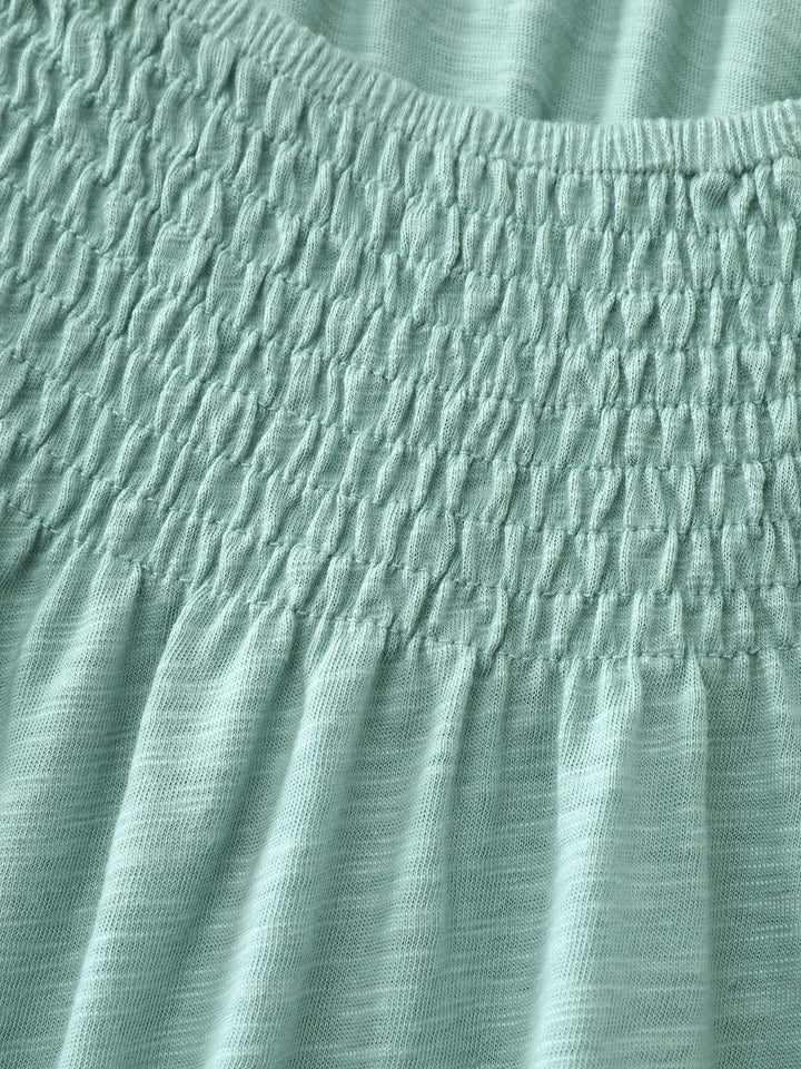 Ruffled Sleeve Shirred Neckline Plain Top