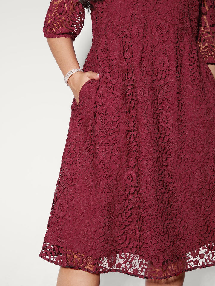 Romantic Lace Trim Puff Sleeve Midi Dress