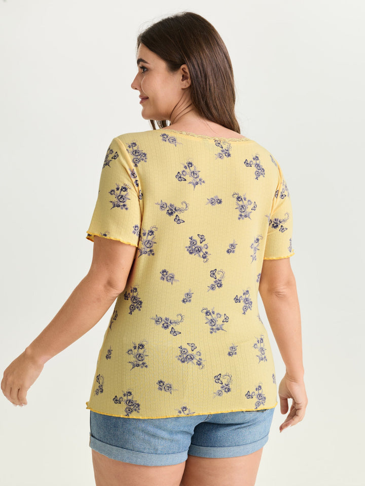 Floral Print Lace Round Neck T-Shirt
