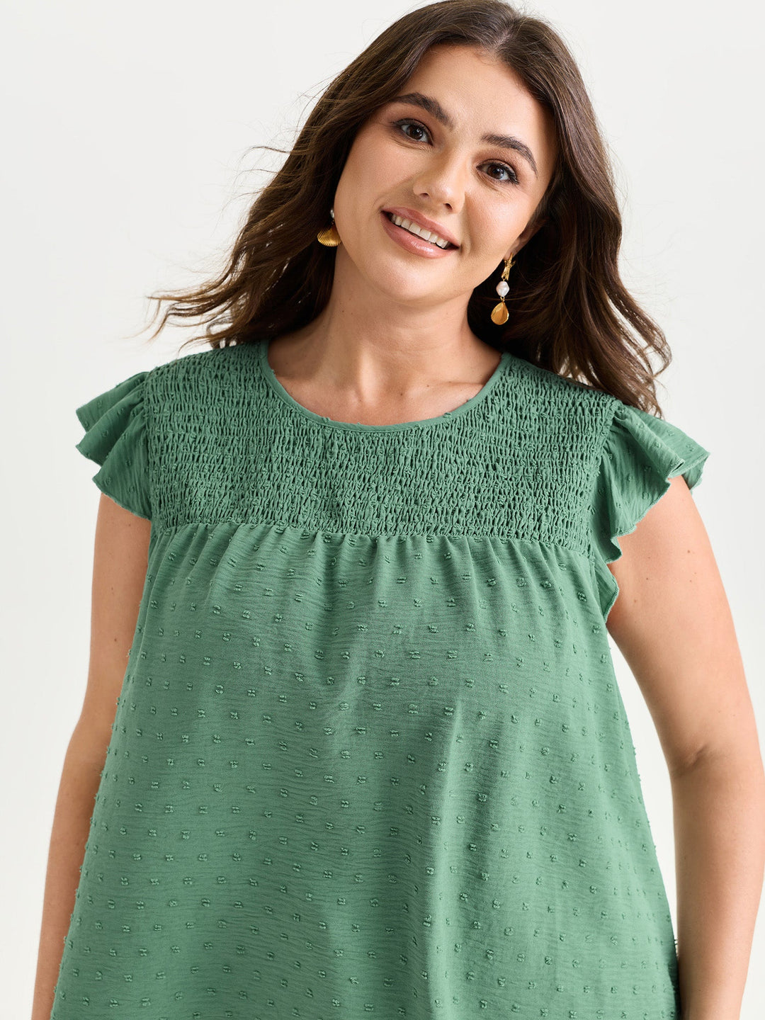 Shirred Round Neckline Flutter Sleeve Blouse
