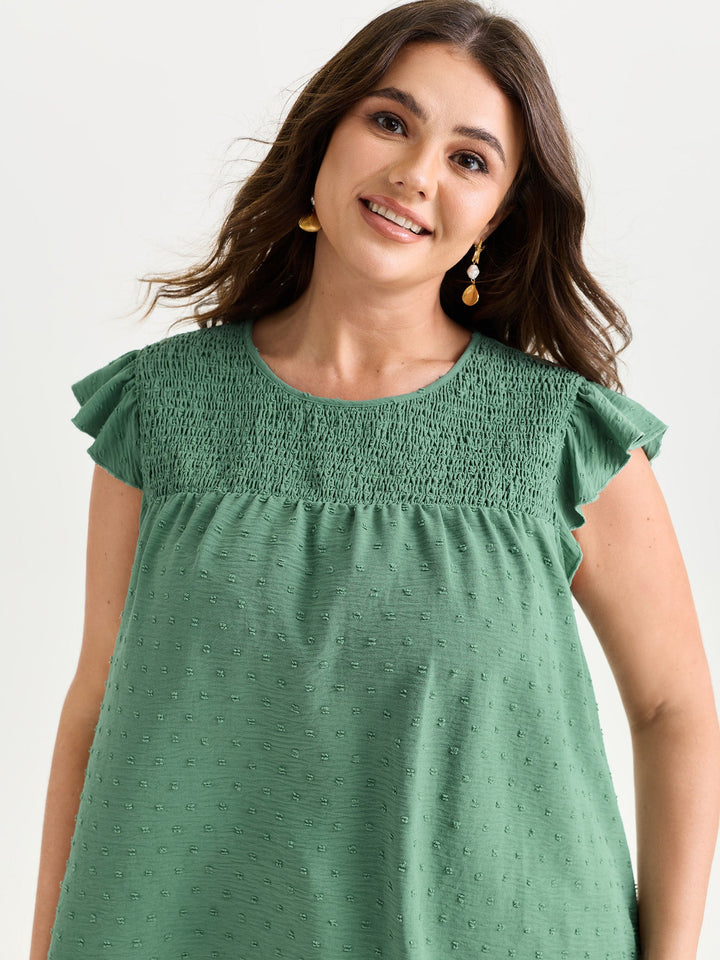 Shirred Round Neckline Flutter Sleeve Blouse