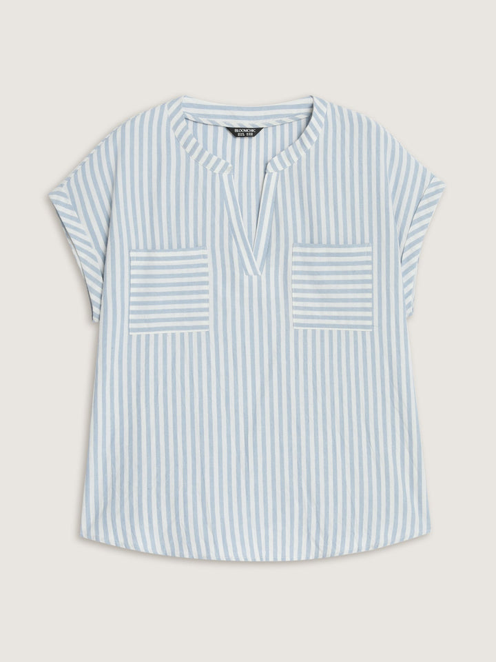 Cotton Striped Print Pockets Curvy Fit Blouse