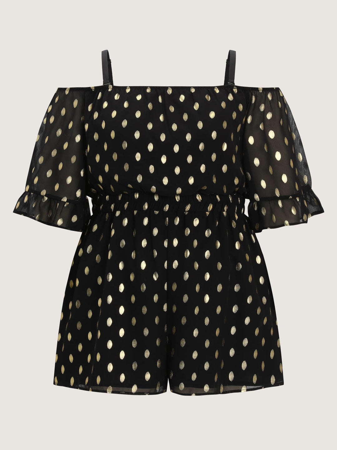 Gold Stamped Polka Dots Off-Shoulder Romper