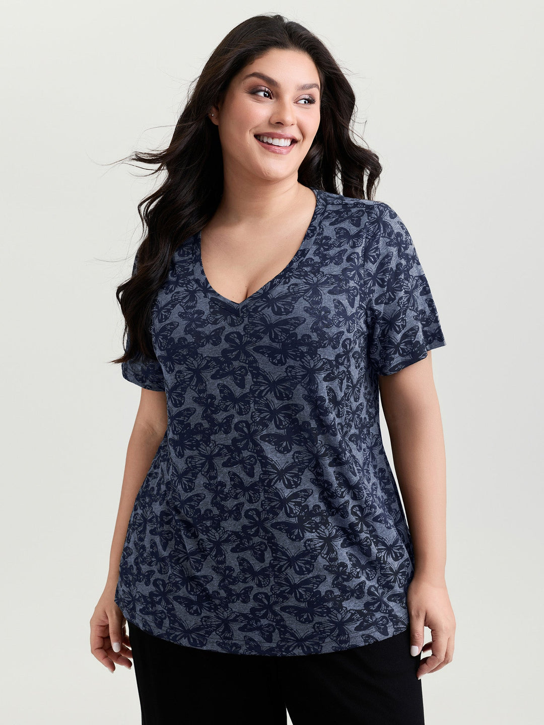 Textured Butterfly Pattern V-Neck T-Shirt