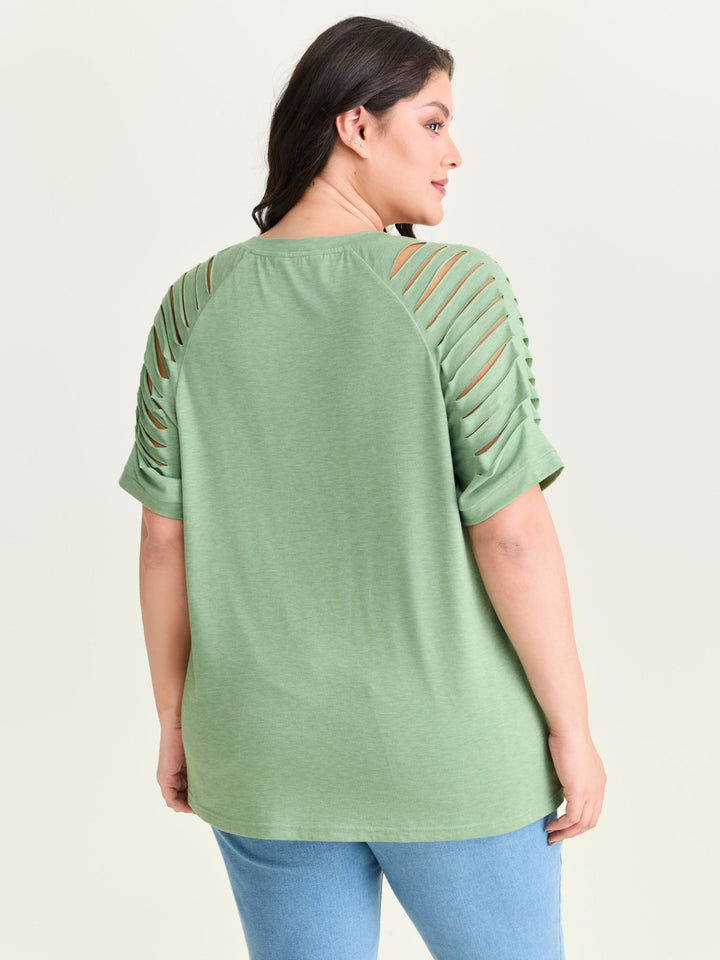Cut-Out Sleeve V Neck T-Shirt