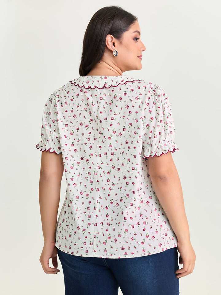 Floral Embroidery Pleated Button-Front Blouse