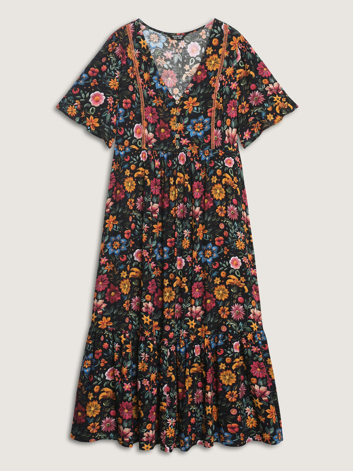 Rayon Floral Lace Trim Button Maxi Dress