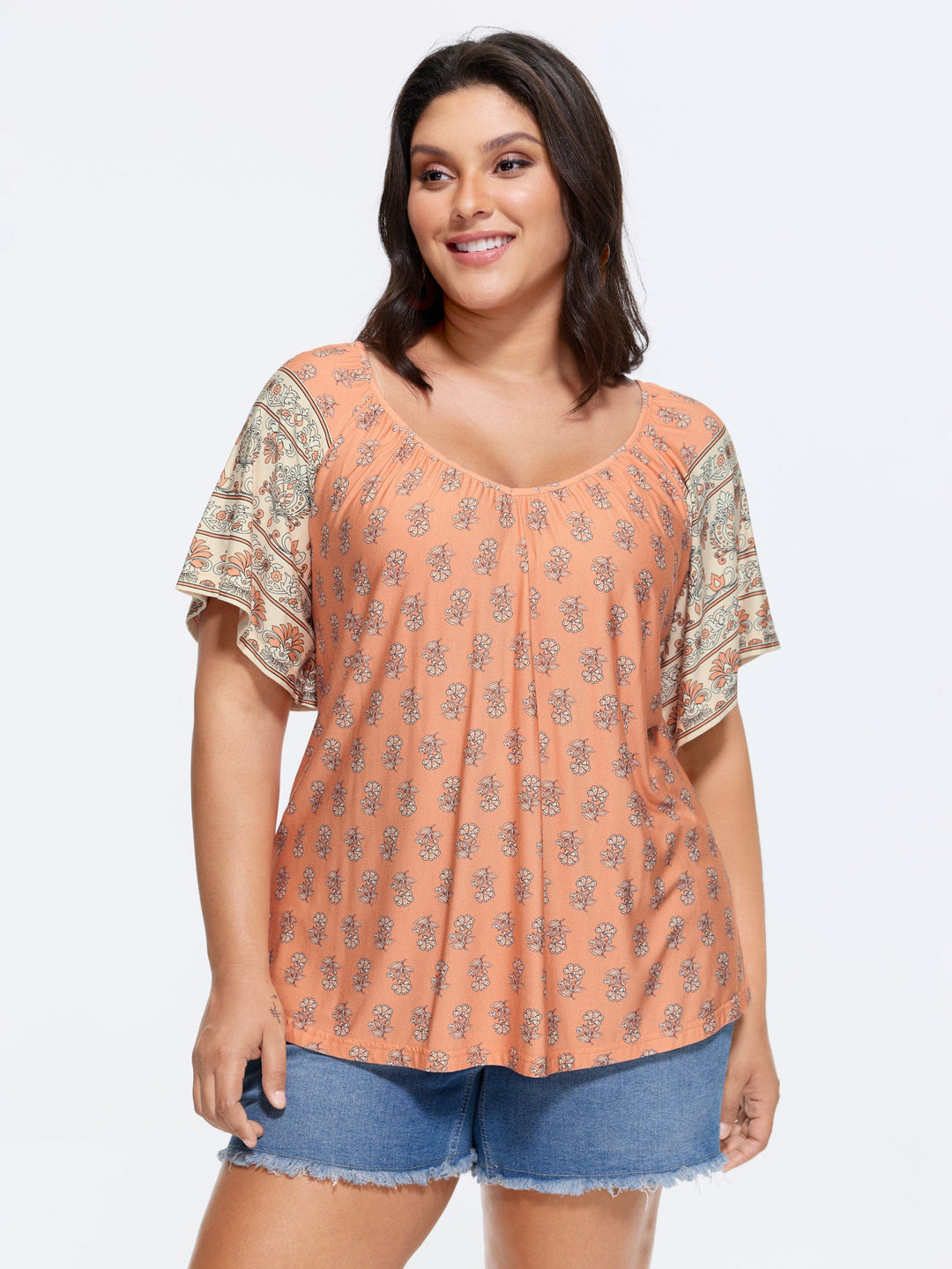 Supersoft Floral Print Flared Sleeve Pleated Knit Top