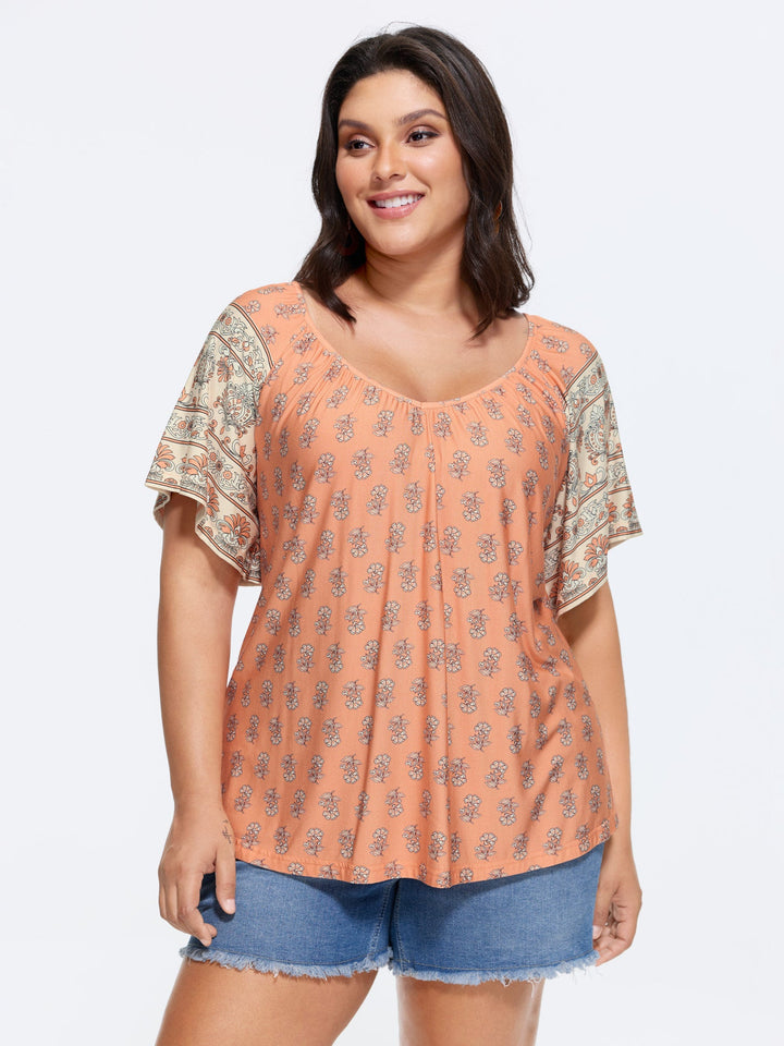 Supersoft Floral Print Flared Sleeve Pleated Knit Top