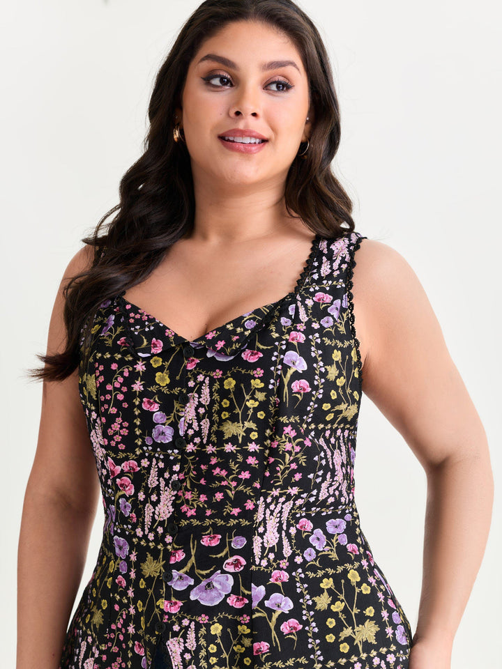 Floral Print Lace Trim Tank Top