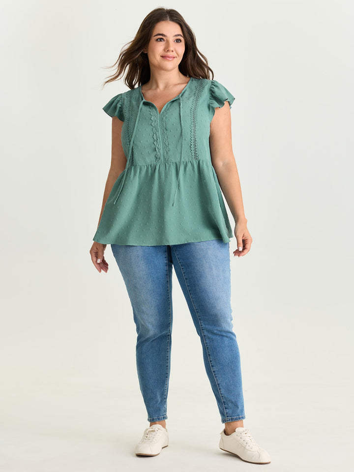 Textured Lace Panels Keyhole Neckline Blouse
