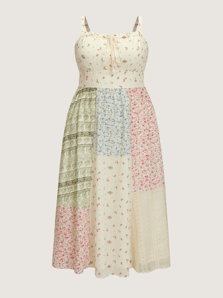 Floral Patchwork Print Drawstring Maxi Dress