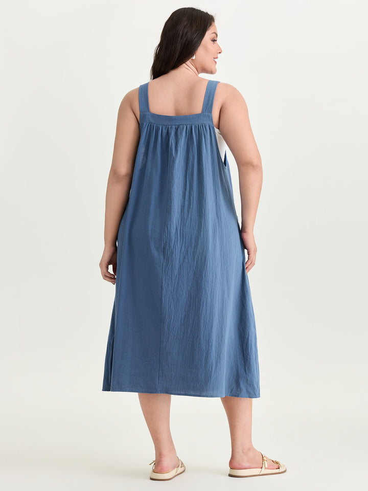 Pure Cotton Pleated Pockets Midi Dress