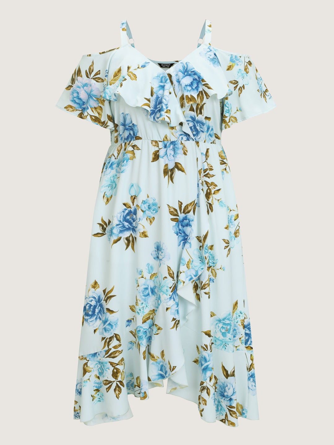 Floral Print Ruffled Cold-Shoulder Midi Dress