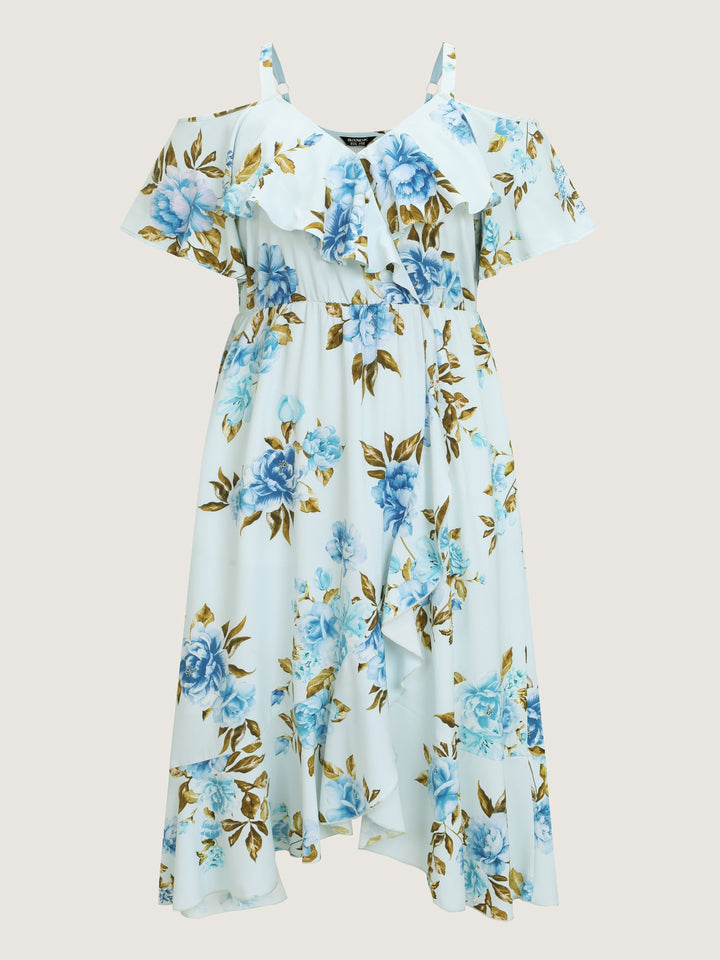 Floral Print Ruffled Cold-Shoulder Midi Dress