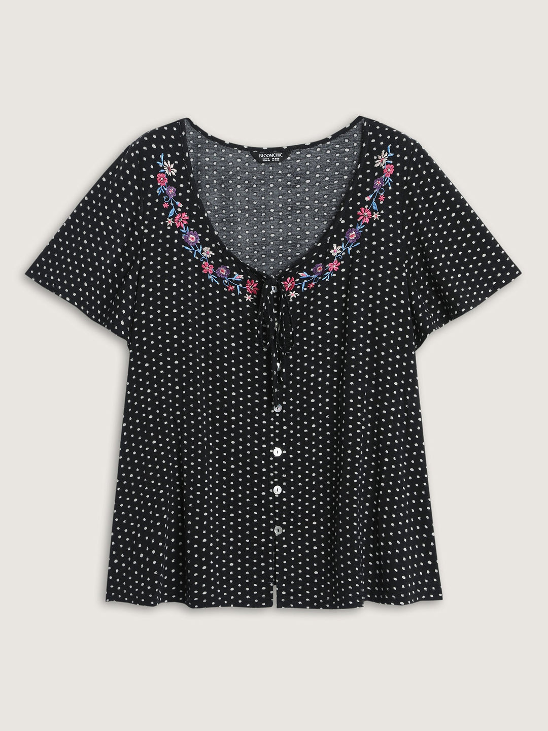 Colorful Floral Embroidered Neckline Polka Dot Top