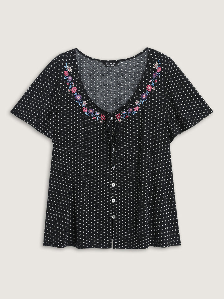 Colorful Floral Embroidered Neckline Polka Dot Top