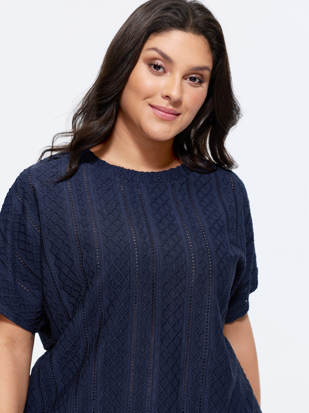 Eyelet Trim Stretchy Textured Plain Top