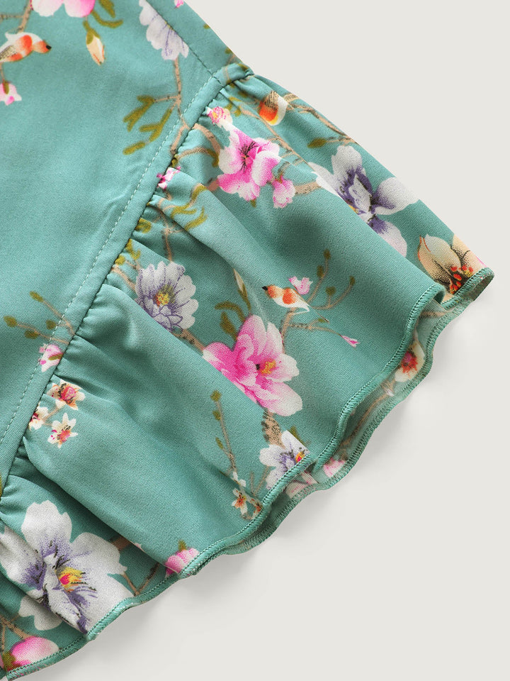 Playful Floral Print Flutter Sleeve Maxi Dress