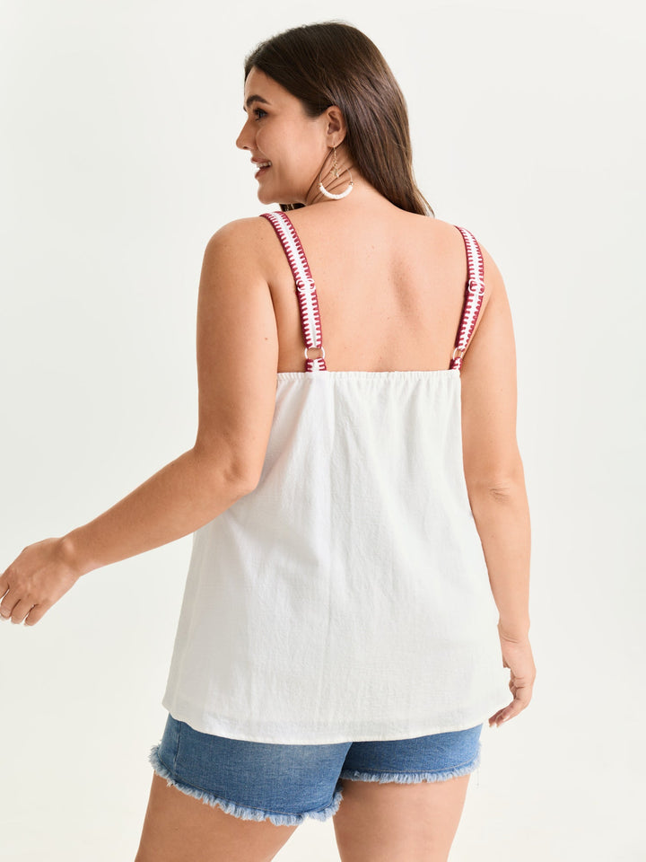Pure Cotton Floral Embroidered Neckline Tank Top