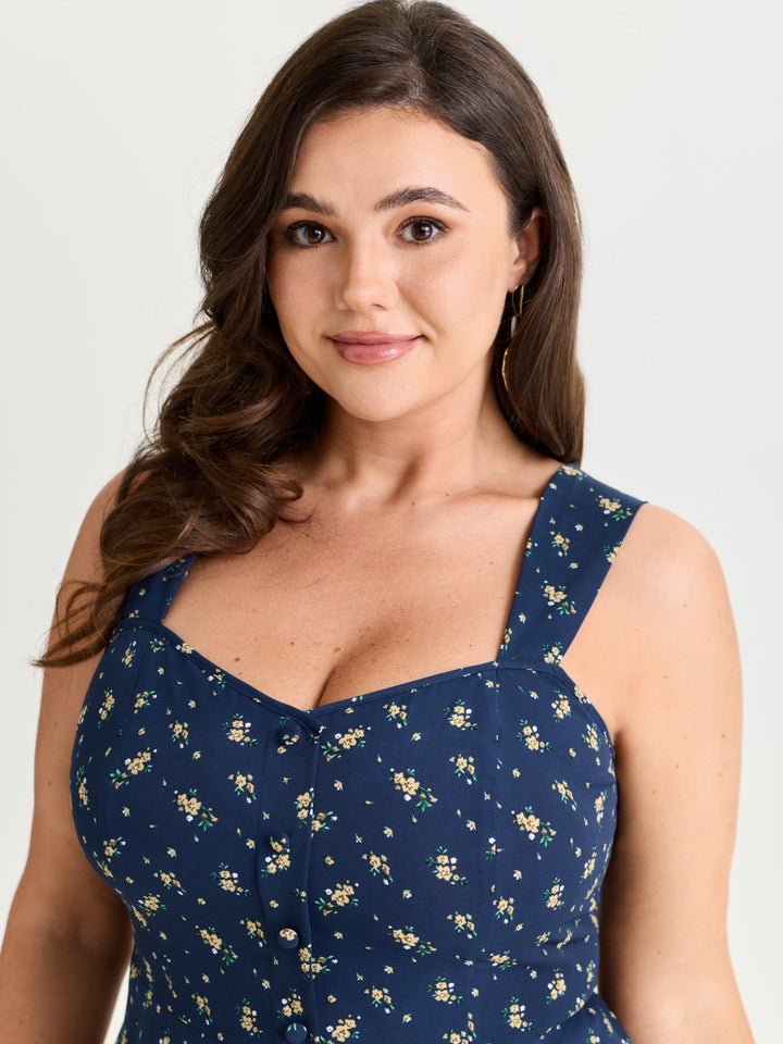 Floral Print Shirred Cinched-Waist Tank Top