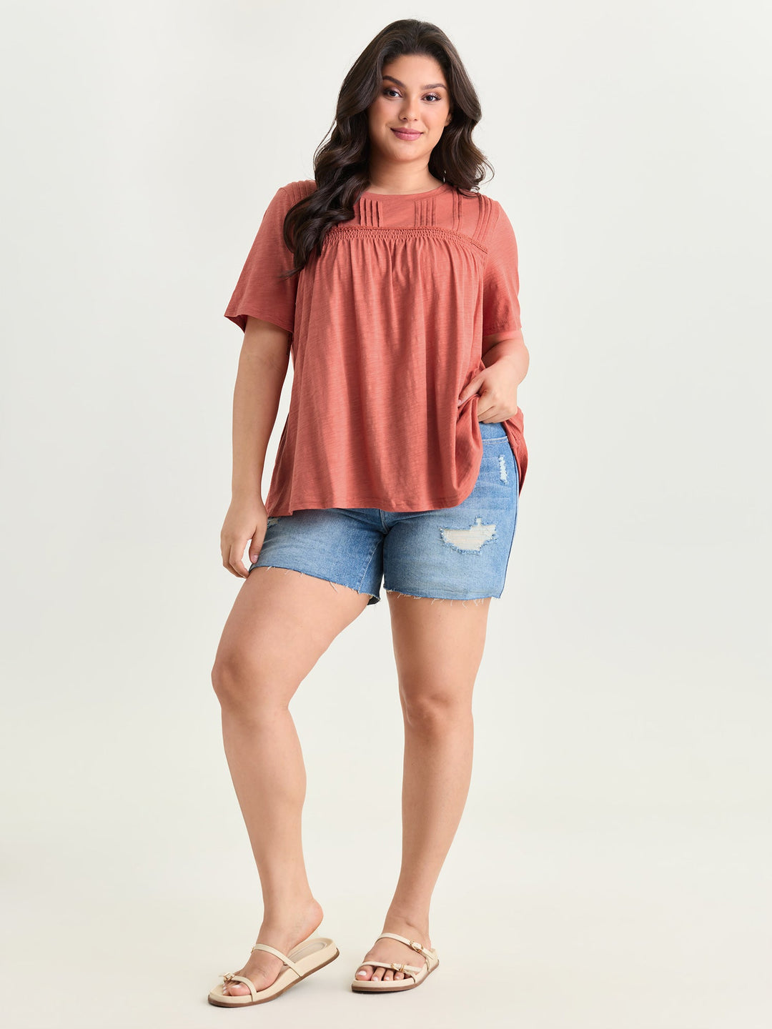 Cotton Stretchy Lace Trim Flowy T-Shirt