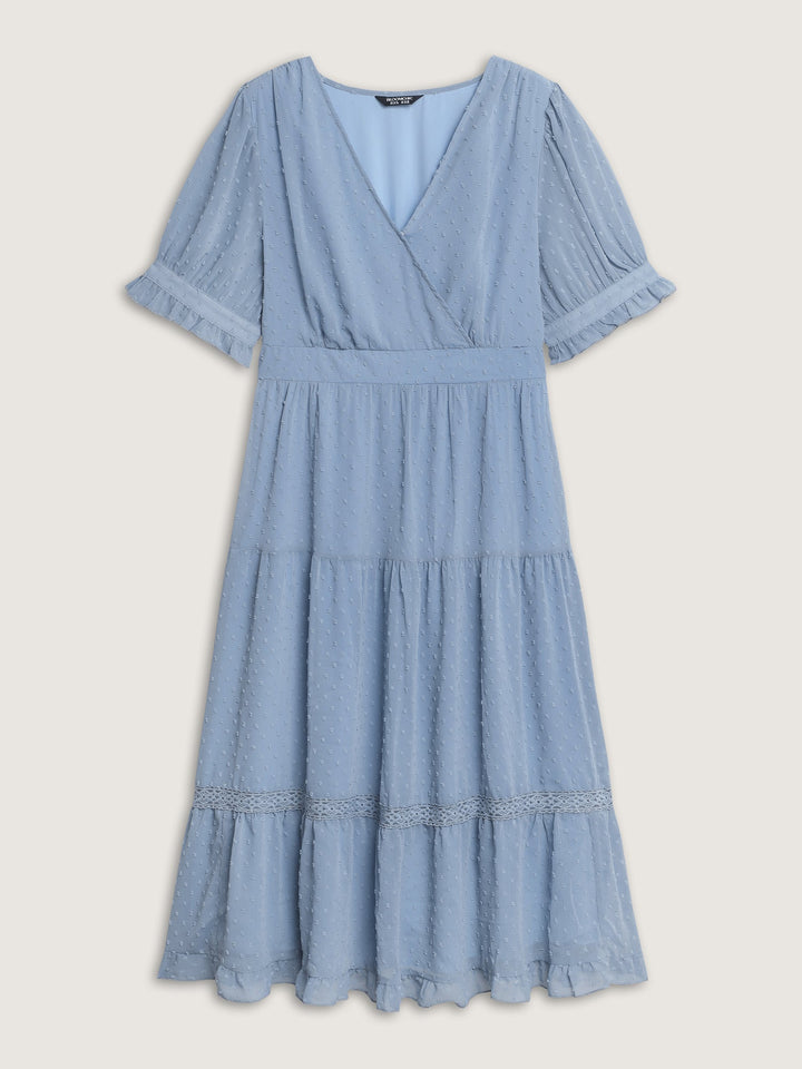 Textured Lace Trim Wrap Neckline Tiered Midi Dress