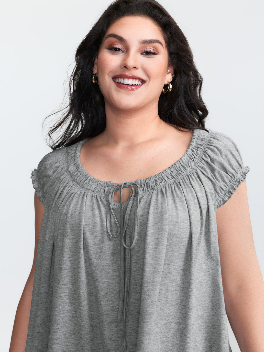 Supersoft Shirred Drawstring Neckline Flowy Top