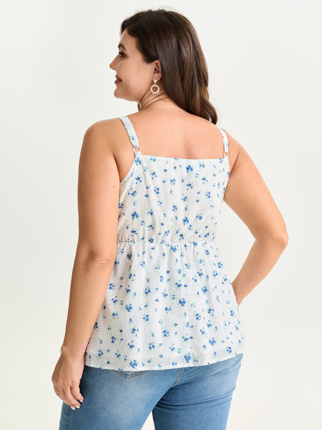 Cotton Floral Print Ruched Drawstring Neckline Tank Top