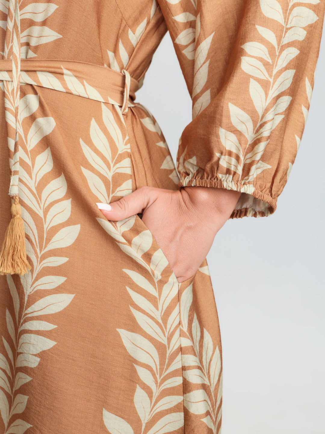 Leaf Print Waist-Tie Round Neck Mini Dress