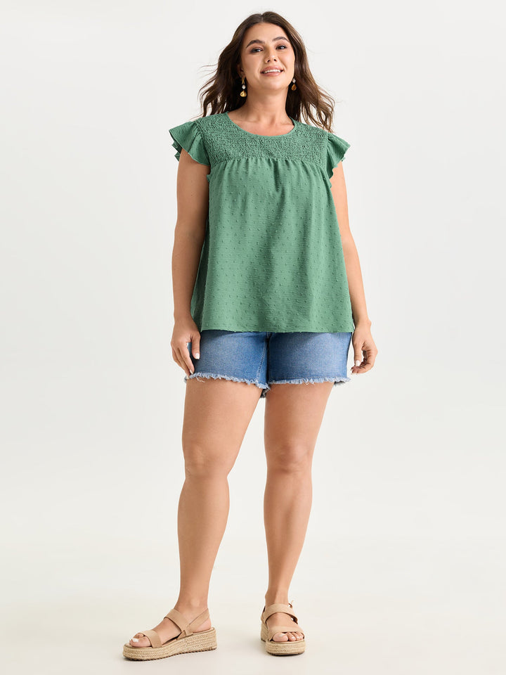 Shirred Round Neckline Flutter Sleeve Blouse