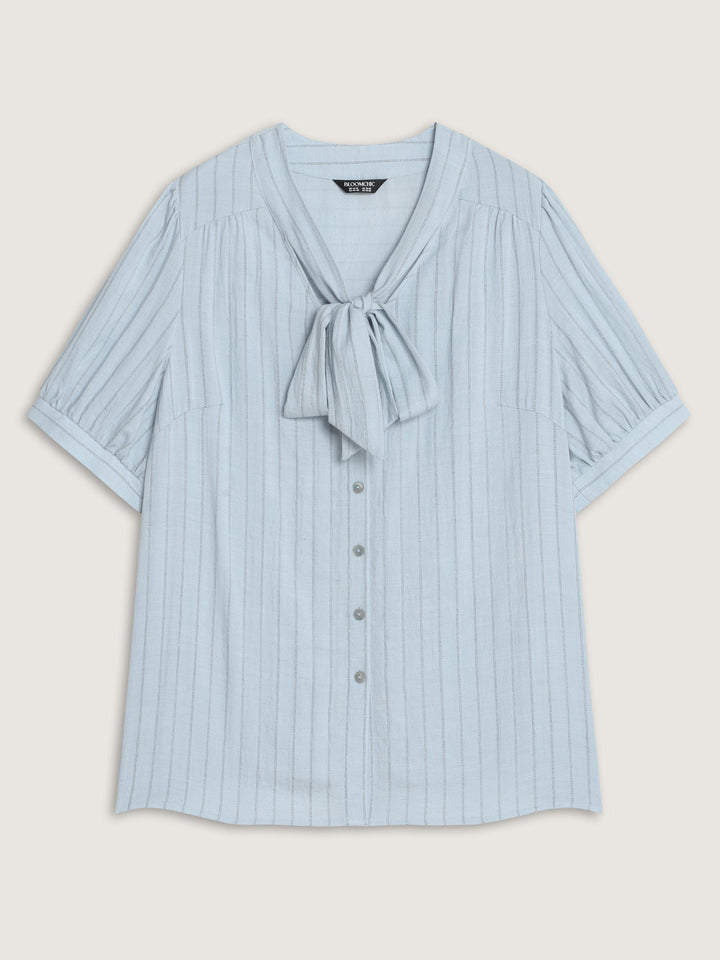 Cotton Bowknot Neckline Button-Down Blouse