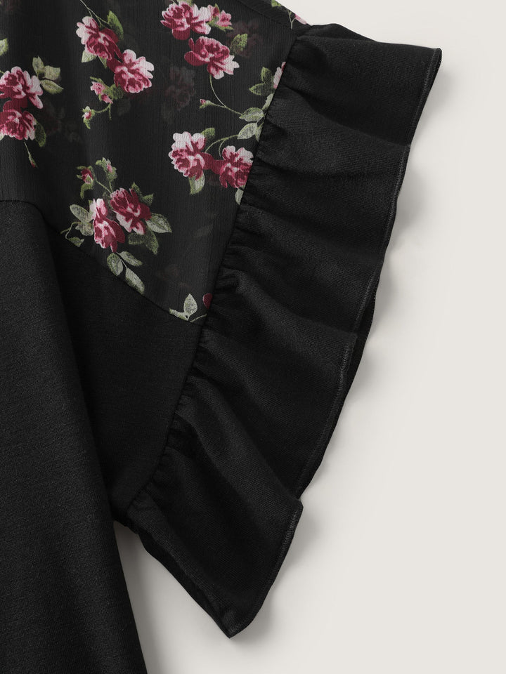 Sheer Floral Print Contrast Knit Top