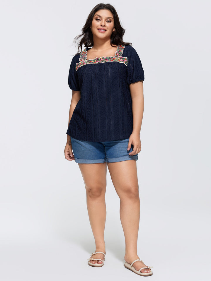 Eyelet Trim Floral Embroidered Solid T-Shirt