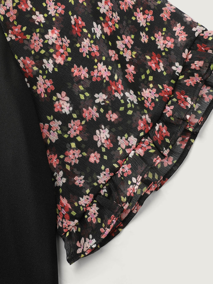 Sheer Floral Print Ruffled Cuff Sleeve Top