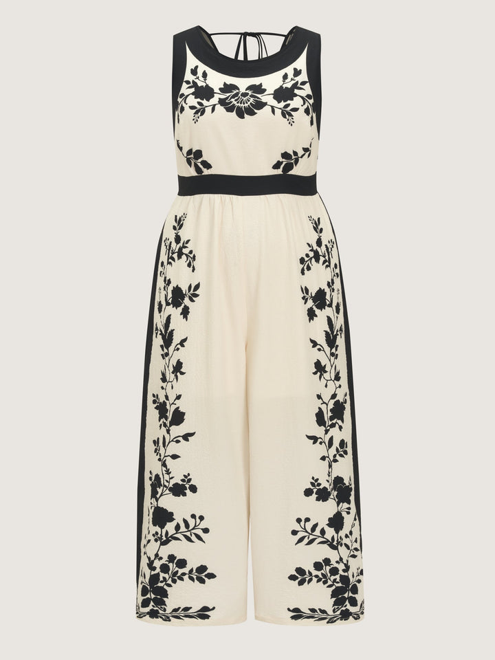 Color Contrast Floral Print Back-Tie Jumpsuit