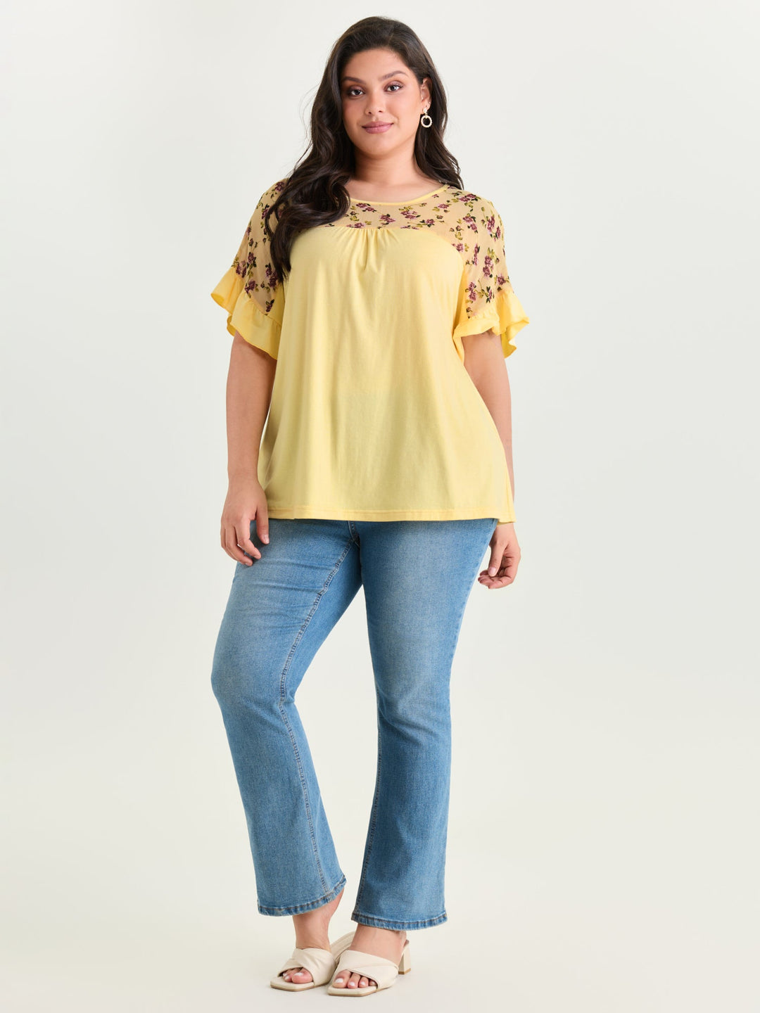 Sheer Floral Print Contrast Knit Top