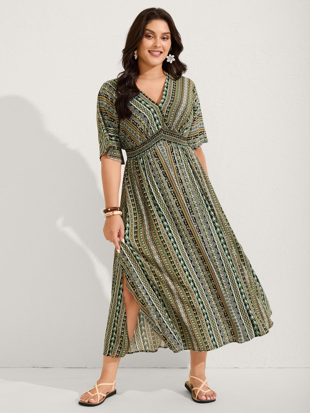 Striped Contrast Dolman Sleeve Shirred Pocket Split Flutter Dress