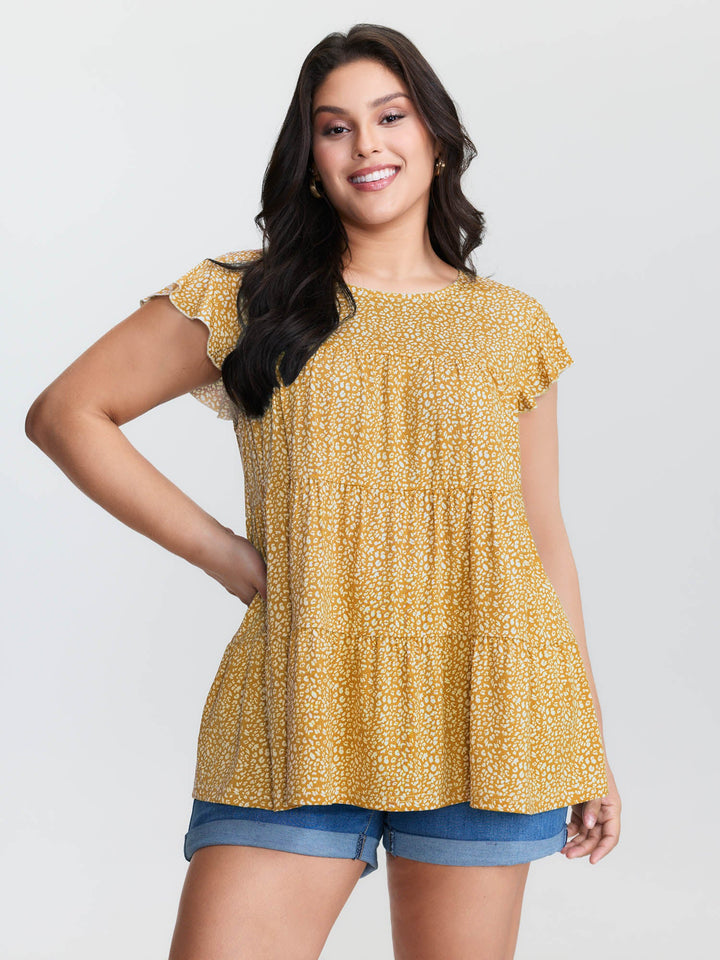 Leopard Print Tiered Flutter Sleeve Knit Top